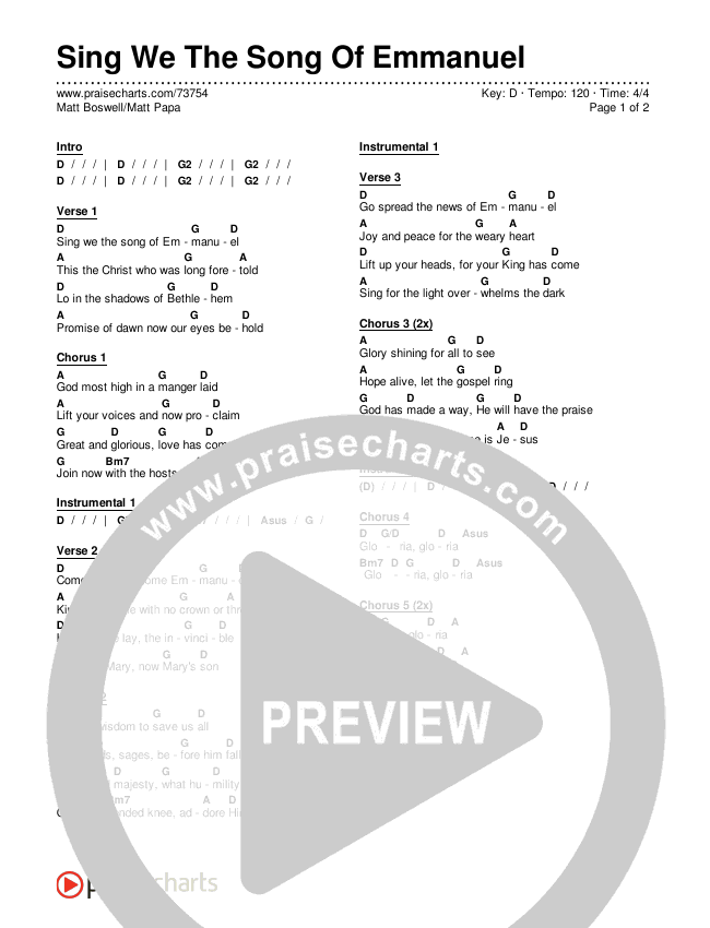 Sing We The Song Of Emmanuel Chords & Lyrics (Matt Boswell / Matt Papa)