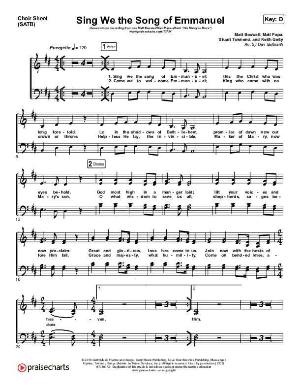 Sing We The Song Of Emmanuel Choir Sheet (SATB) (Matt Boswell / Matt Papa)