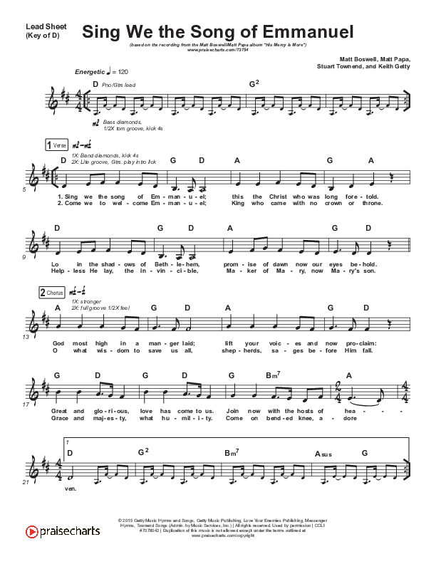 Sing We The Song Of Emmanuel Lead Sheet (Melody) (Matt Boswell / Matt Papa)