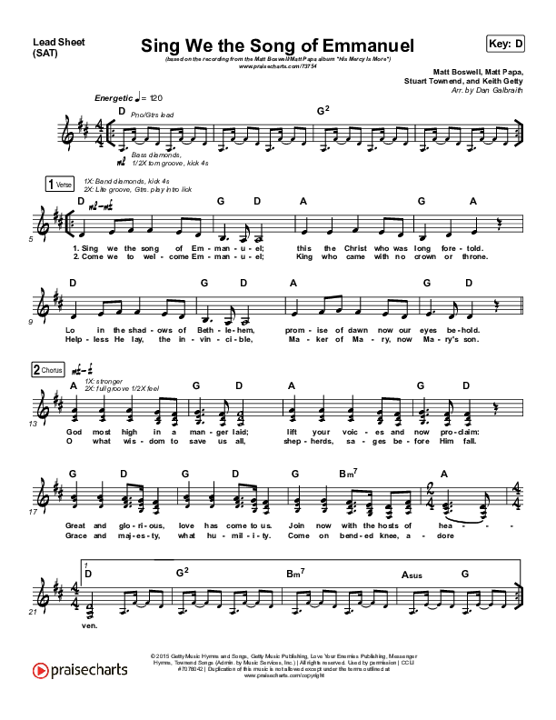 Sing We The Song Of Emmanuel Lead Sheet (SAT) (Matt Boswell / Matt Papa)