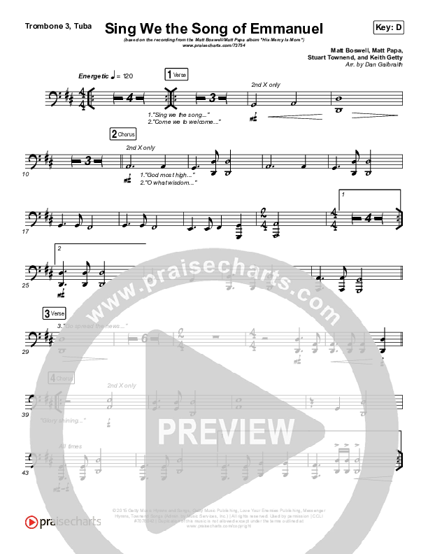 Sing We The Song Of Emmanuel Trombone 3/Tuba (Matt Boswell / Matt Papa)