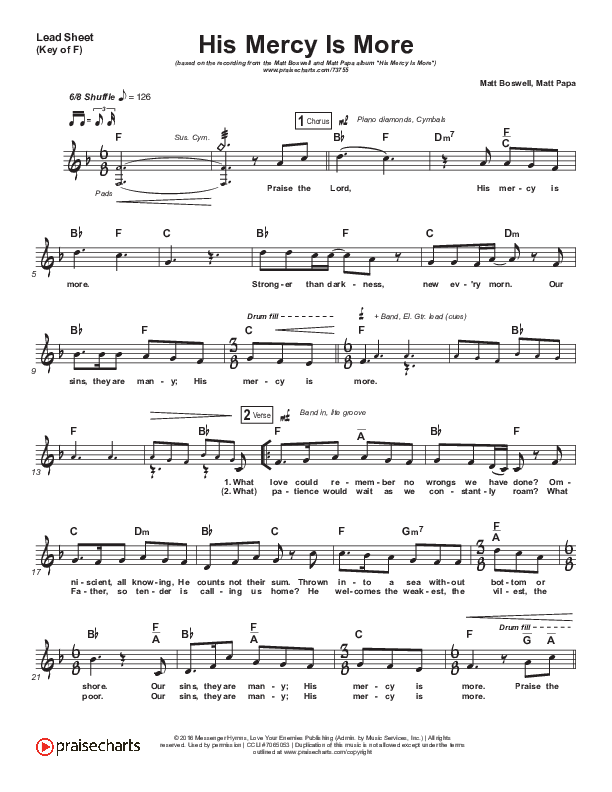 His Mercy Is More Lead Sheet (Melody) (Matt Boswell / Matt Papa)