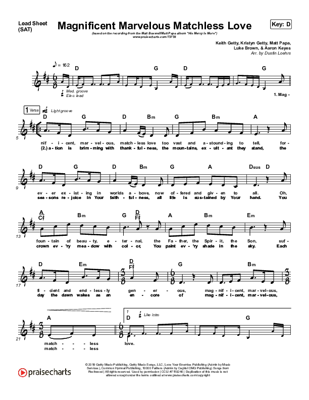 Magnificent Marvelous Matchless Love Lead Sheet (SAT) (Matt Boswell / Matt Papa)