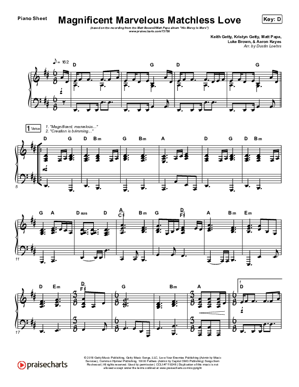 Magnificent Marvelous Matchless Love Piano Sheet (Matt Boswell / Matt Papa)