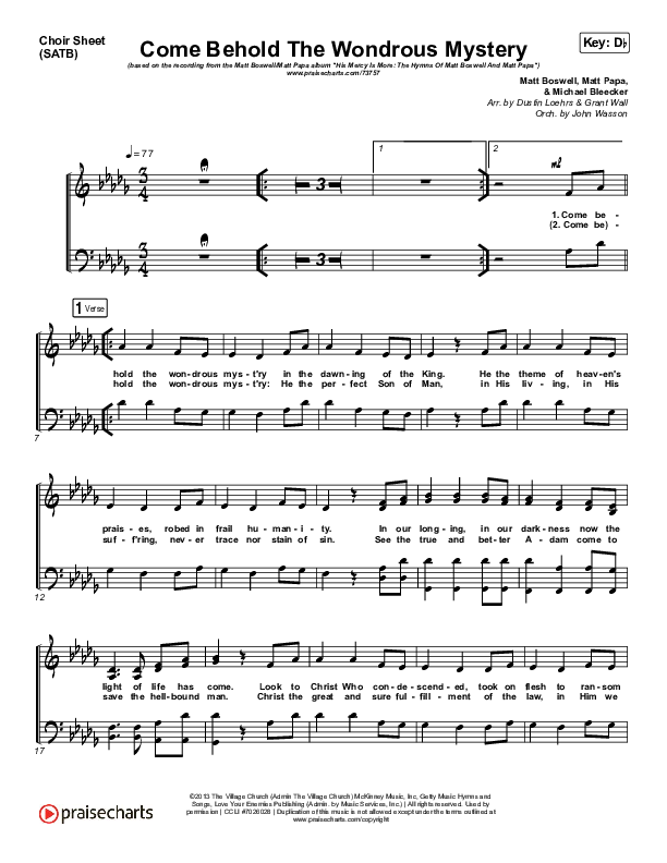 Come Behold The Wondrous Mystery Choir Vocals (SATB) (Matt Boswell / Matt Papa / Kristyn Getty)