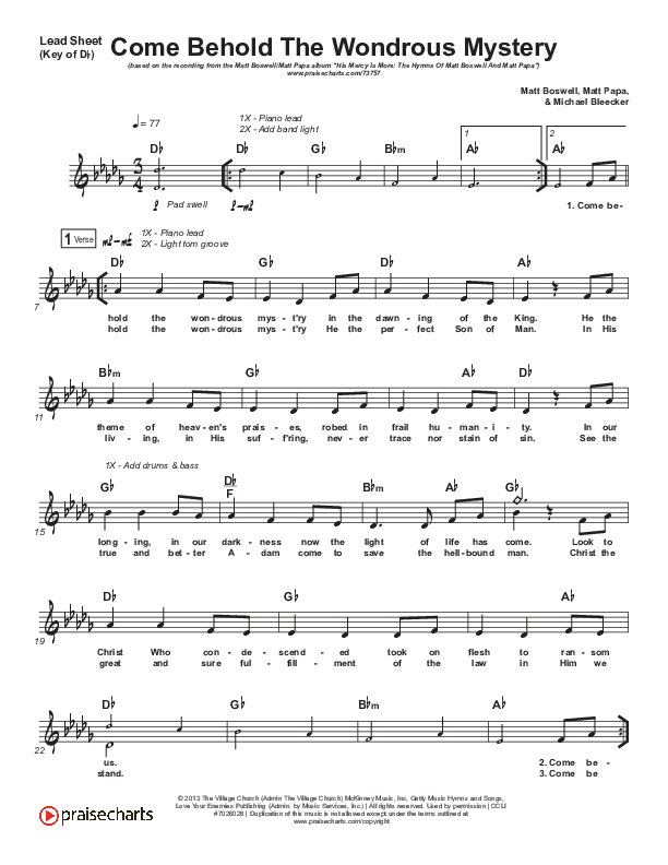 Come Behold The Wondrous Mystery Lead Sheet (Melody) (Matt Boswell / Matt Papa / Kristyn Getty)