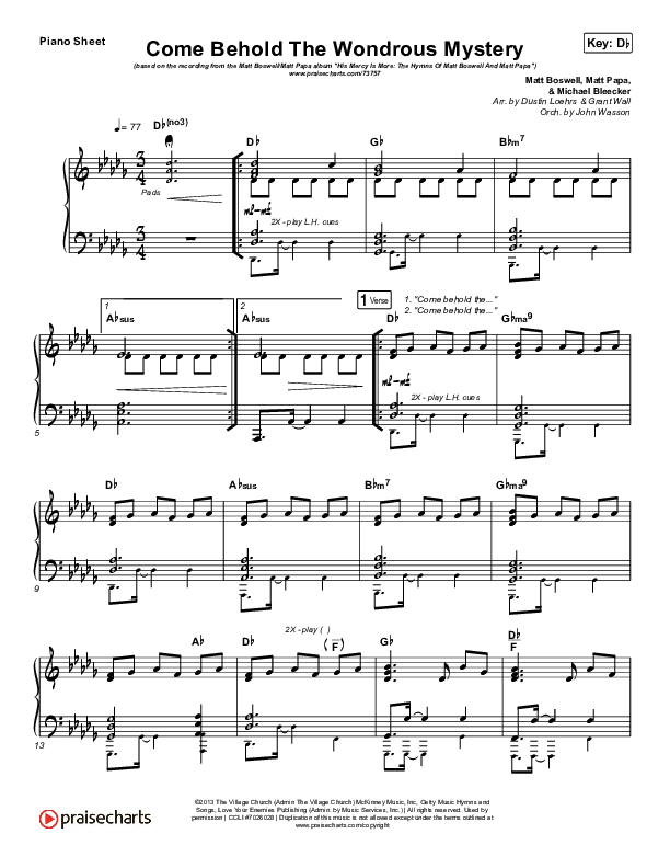 Come Behold The Wondrous Mystery Piano Sheet (Matt Boswell / Matt Papa / Kristyn Getty)