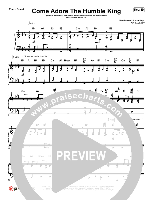 Come Adore The Humble King Piano Sheet (No Vocals) Matt Boswell, Matt