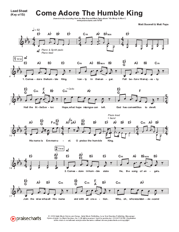 Come Adore The Humble King Lead Sheet (Melody) (Matt Boswell / Matt Papa)