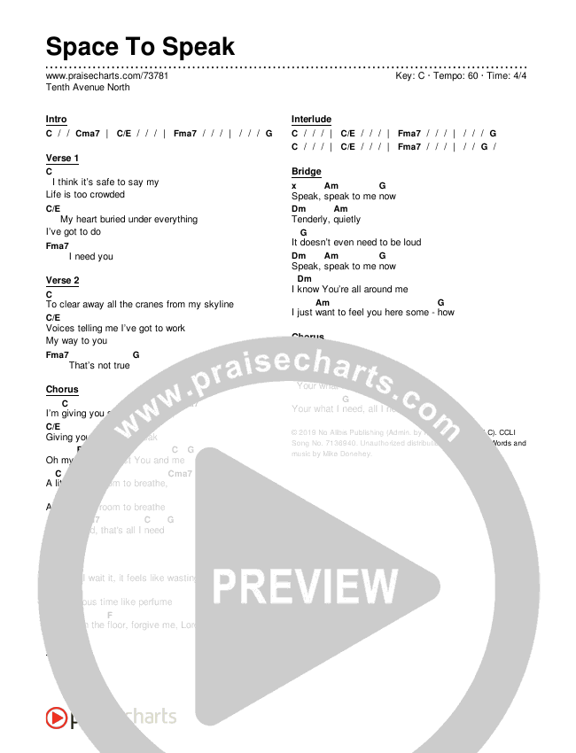 Space To Speak Chord Chart (Tenth Avenue North)