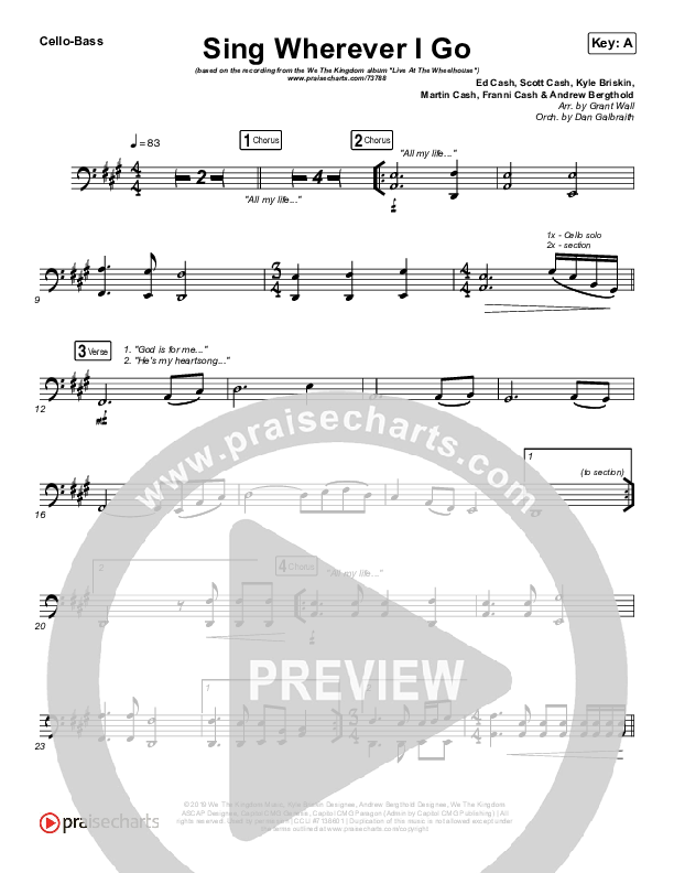 Sing Wherever I Go Cello/Bass (We The Kingdom)