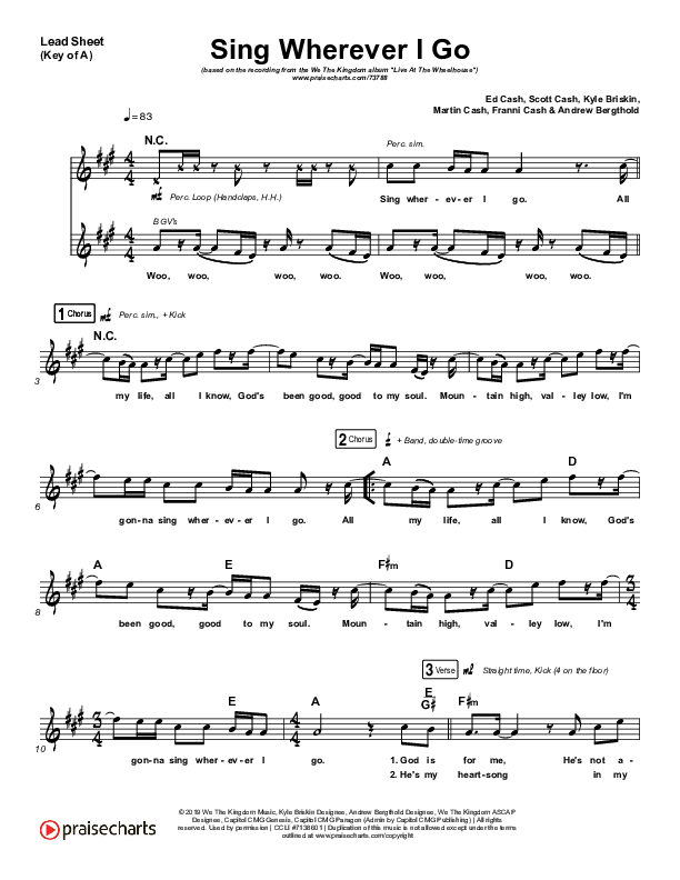 Sing Wherever I Go Lead Sheet (Melody) (We The Kingdom)