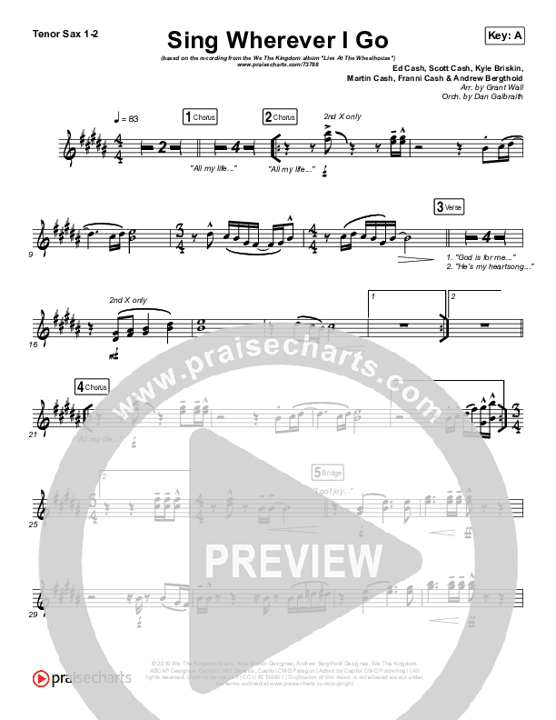 Sing Wherever I Go Tenor Sax 1/2 (We The Kingdom)