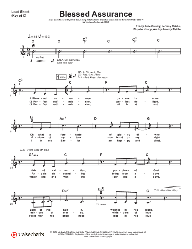 Blessed Assurance Lead Sheet (Melody) (Jeremy Riddle)