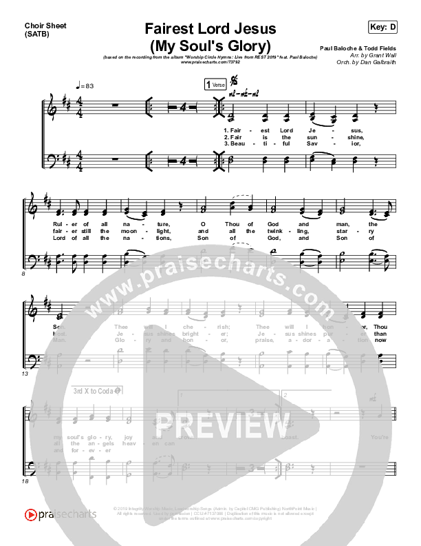 Fairest Lord Jesus (My Soul's Glory) Choir Sheet (SATB) (Paul Baloche)