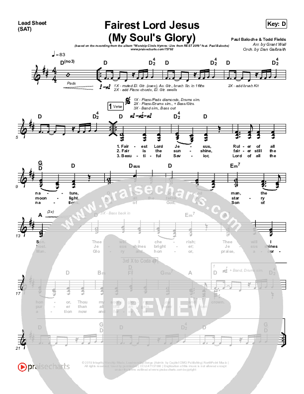 Fairest Lord Jesus (My Soul's Glory) Lead Sheet (SAT) (Paul Baloche)