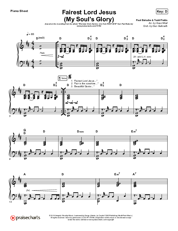Fairest Lord Jesus (My Soul's Glory) Piano Sheet (Paul Baloche)