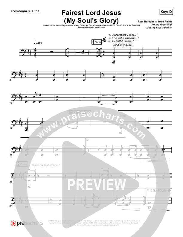 Fairest Lord Jesus (My Soul's Glory) Trombone 3/Tuba (Paul Baloche)