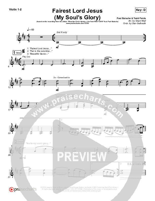 Fairest Lord Jesus (My Soul's Glory) Violin 1/2 (Paul Baloche)