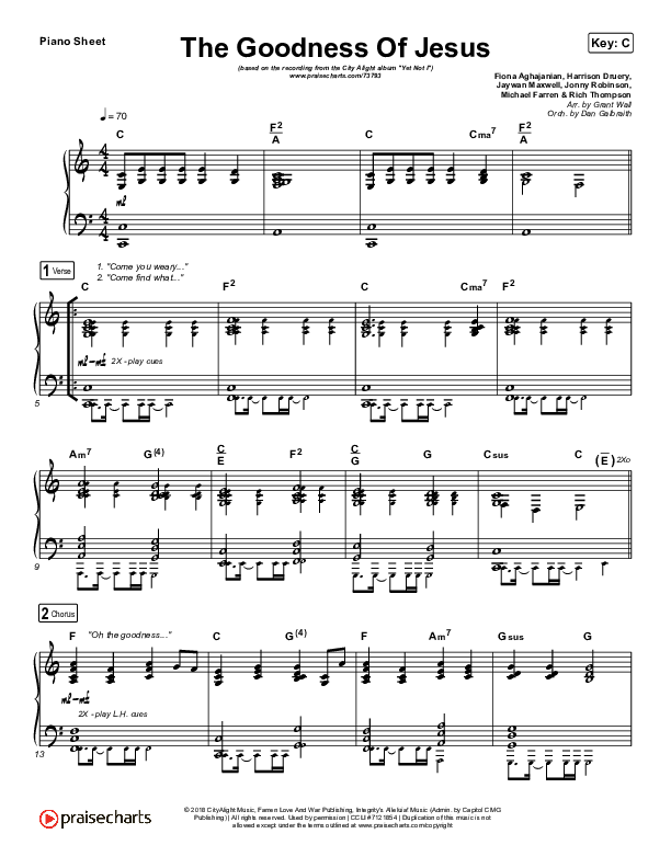 The Goodness Of Jesus Piano Sheet (CityAlight)