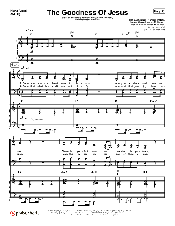 The Goodness Of Jesus Piano/Vocal (SATB) (CityAlight)