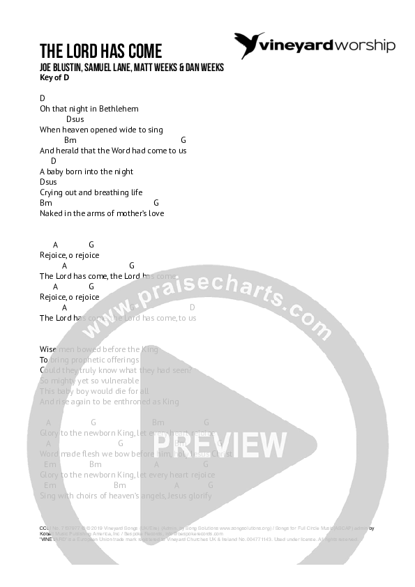 The Lord Has Come Chords & Lyrics (Vineyard Music / Kate Cooke)