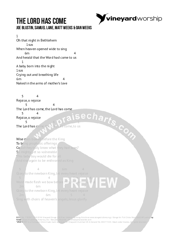 The Lord Has Come Chords & Lyrics (Vineyard Music / Kate Cooke)