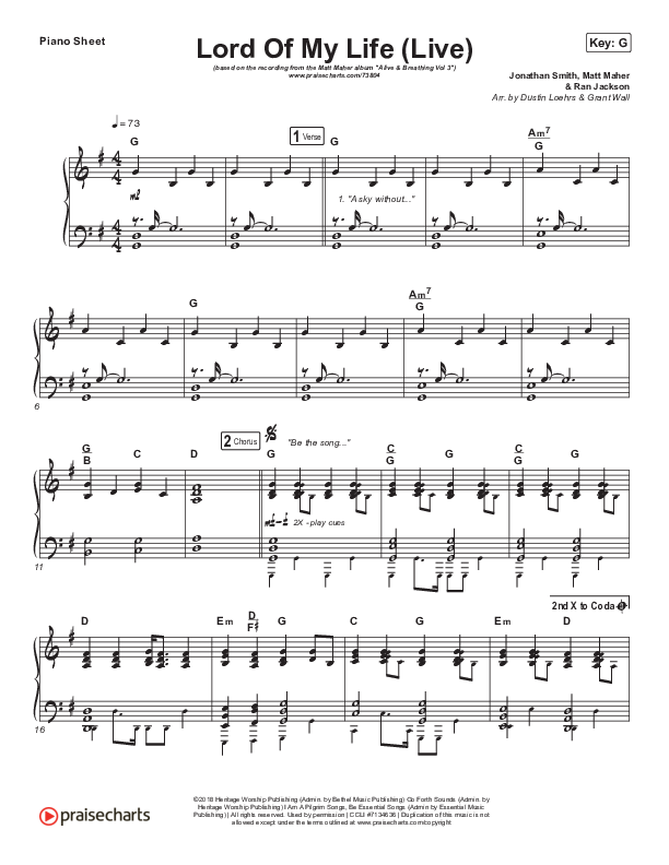 Lord Of My Life Piano Sheet (Matt Maher)