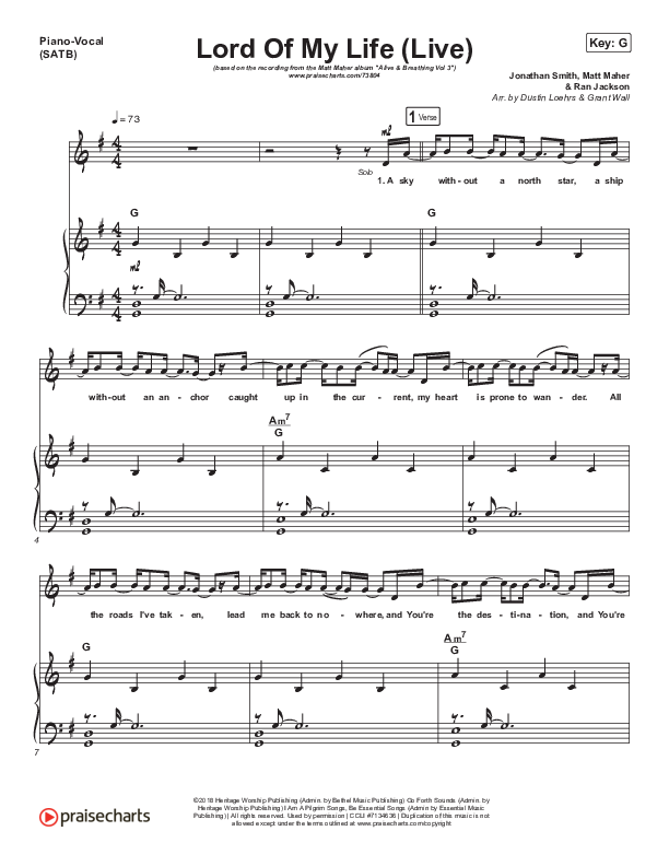 Lord Of My Life Piano/Vocal Pack (Matt Maher)