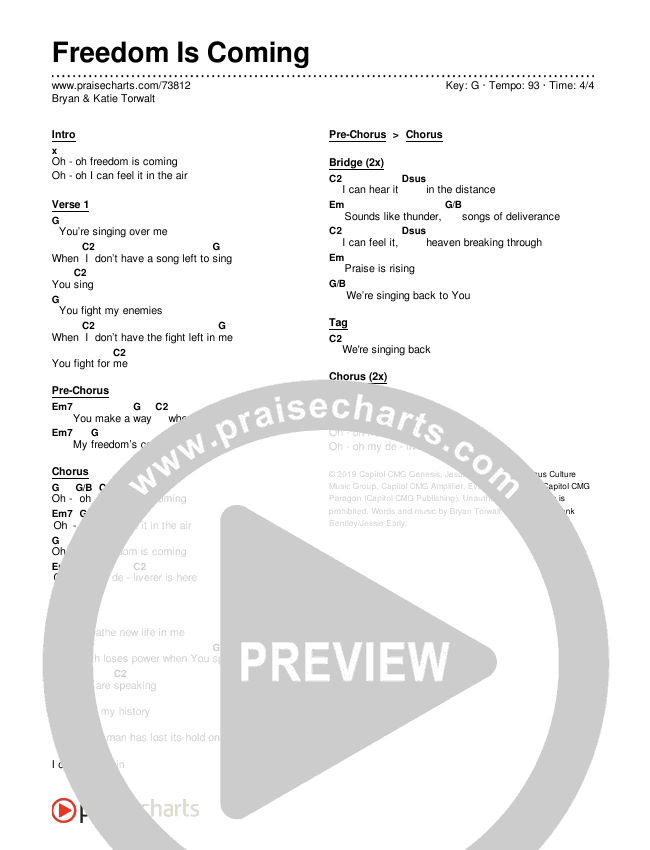 Freedom Is Coming Chords & Lyrics (Bryan & Katie Torwalt)