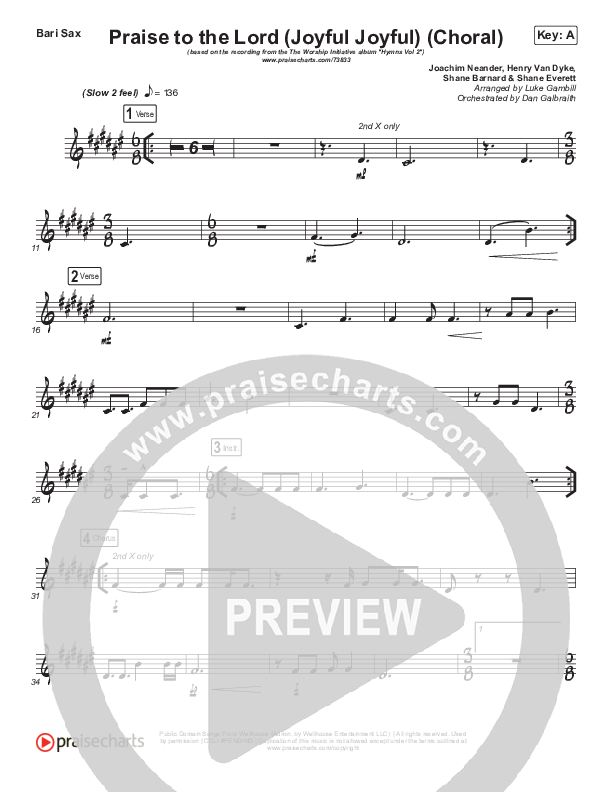 Praise To The Lord (Joyful Joyful) (Choral Anthem SATB) Bari Sax (Shane & Shane/The Worship Initiative / Arr. Luke Gambill)