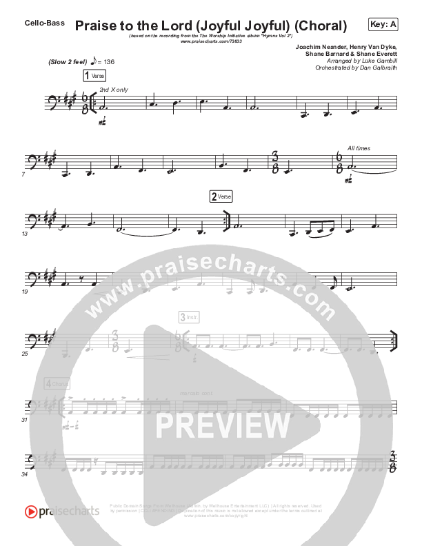 Praise To The Lord (Joyful Joyful) (Choral Anthem SATB) Cello/Bass (Shane & Shane/The Worship Initiative / Arr. Luke Gambill)