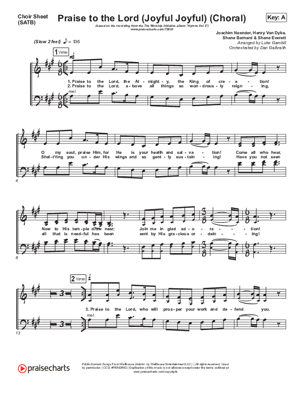 Praise To The Lord (Joyful Joyful) (Choral Anthem SATB) Choir Sheet (SATB) (Shane & Shane/The Worship Initiative / Arr. Luke Gambill)