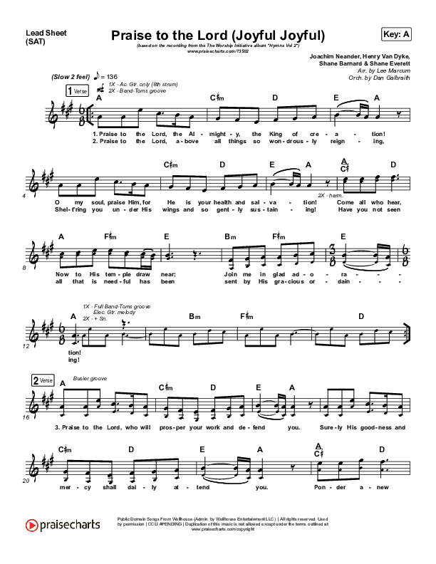 Praise To The Lord (Joyful Joyful) (Choral Anthem SATB) Lead Sheet (SAT) (Shane & Shane/The Worship Initiative / Arr. Luke Gambill)