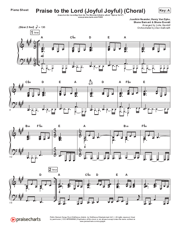 Praise To The Lord (Joyful Joyful) (Choral Anthem SATB) Piano Sheet (Shane & Shane/The Worship Initiative / Arr. Luke Gambill)