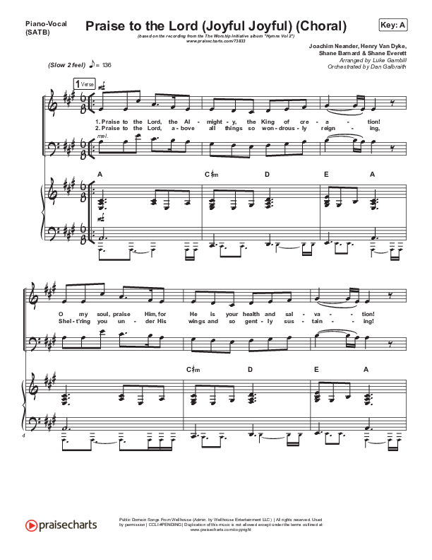 Praise To The Lord (Joyful Joyful) (Choral Anthem SATB) Piano/Vocal (SATB) (Shane & Shane/The Worship Initiative / Arr. Luke Gambill)