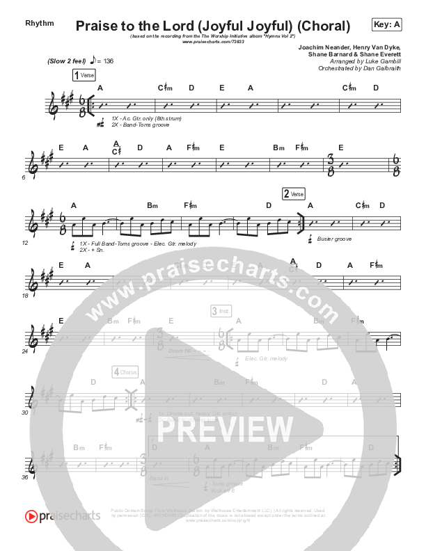 Praise To The Lord (Joyful Joyful) (Choral Anthem SATB) Rhythm Chart (Shane & Shane/The Worship Initiative / Arr. Luke Gambill)