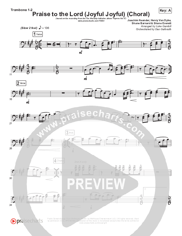 Praise To The Lord (Joyful Joyful) (Choral Anthem SATB) Trombone 1/2 (Shane & Shane/The Worship Initiative / Arr. Luke Gambill)