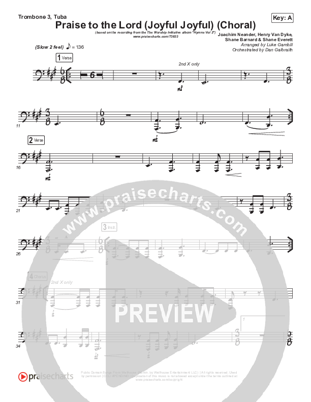 Praise To The Lord (Joyful Joyful) (Choral Anthem SATB) Trombone 3/Tuba (Shane & Shane/The Worship Initiative / Arr. Luke Gambill)
