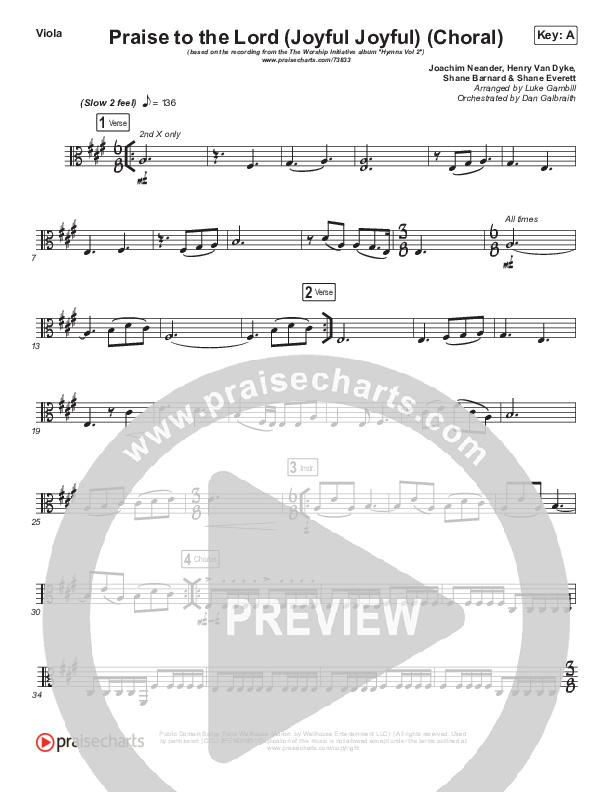 Praise To The Lord (Joyful Joyful) (Choral Anthem SATB) Viola (Shane & Shane/The Worship Initiative / Arr. Luke Gambill)