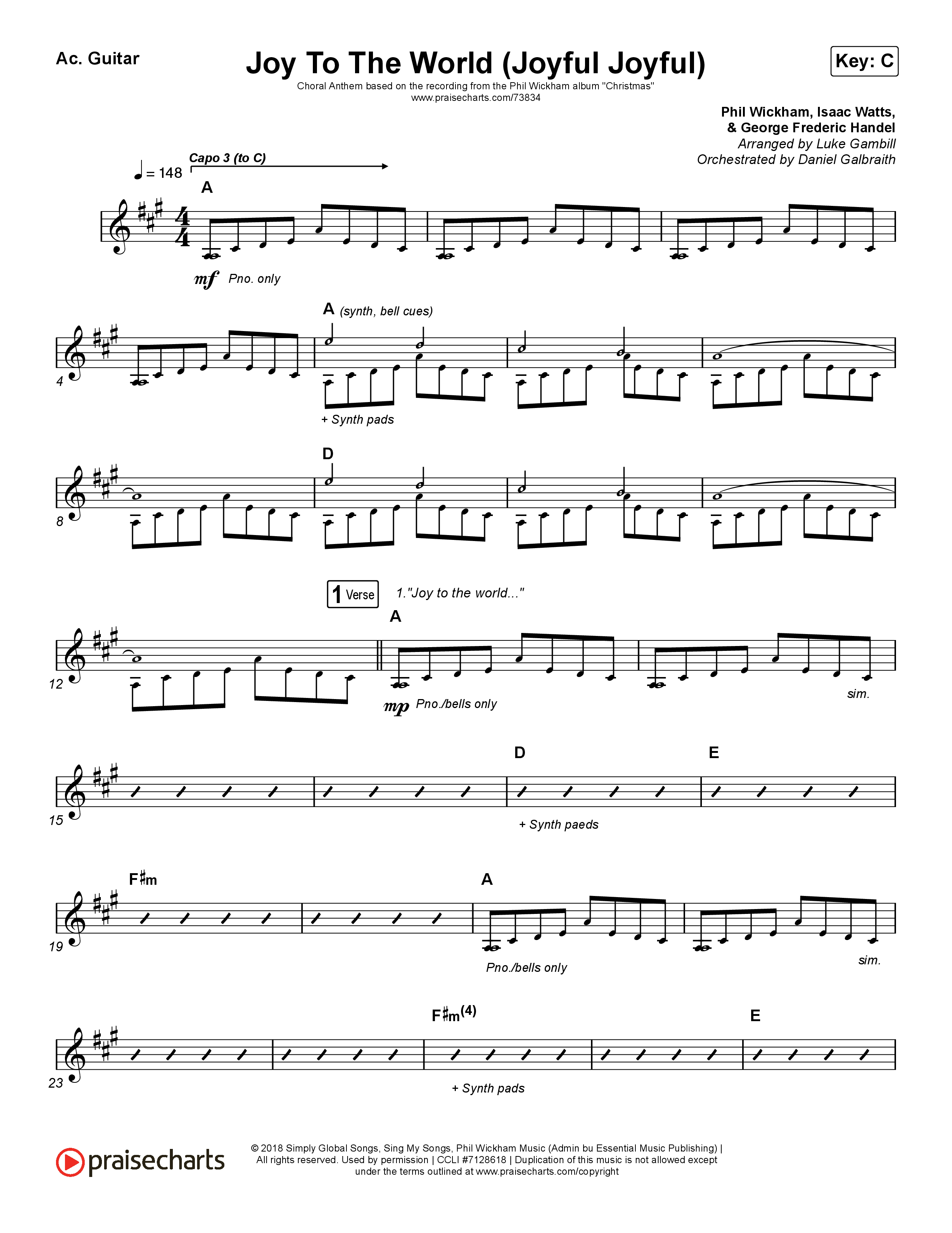 Joy To The World (Joyful Joyful) (Choral Anthem SATB) Acoustic Guitar (Phil Wickham / Arr. Luke Gambill)