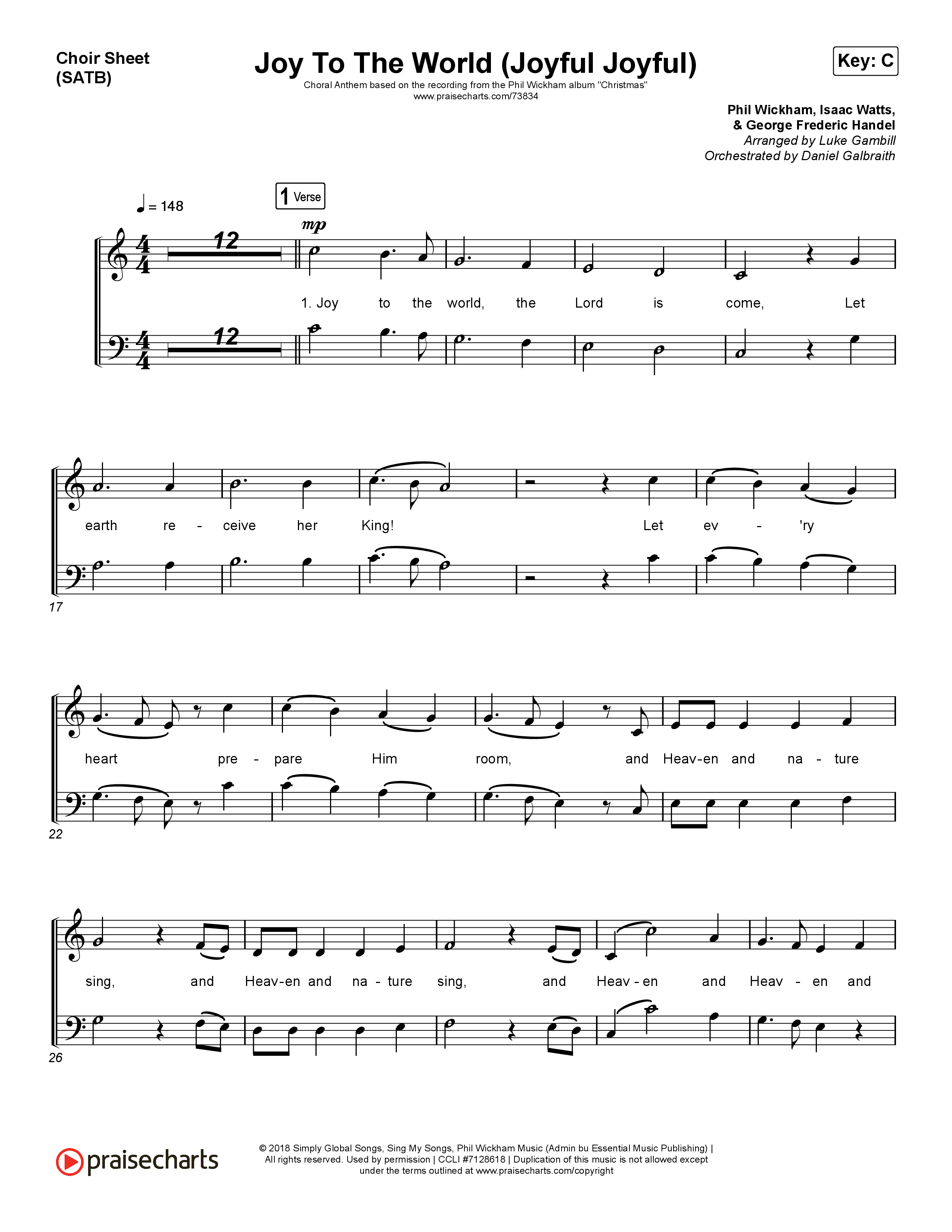 Joy To The World (Joyful Joyful) (Choral Anthem SATB) Choir Vocals (SATB) (Phil Wickham / Arr. Luke Gambill)