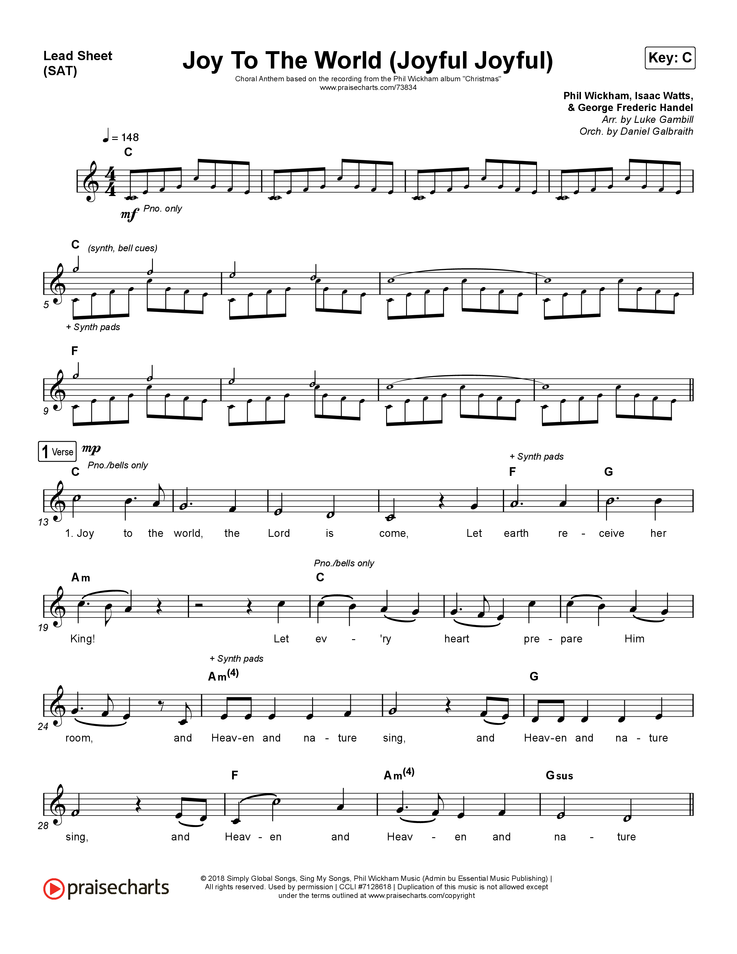 Joy To The World (Joyful Joyful) (Choral Anthem SATB) Lead Sheet (SAT) (Phil Wickham / Arr. Luke Gambill)