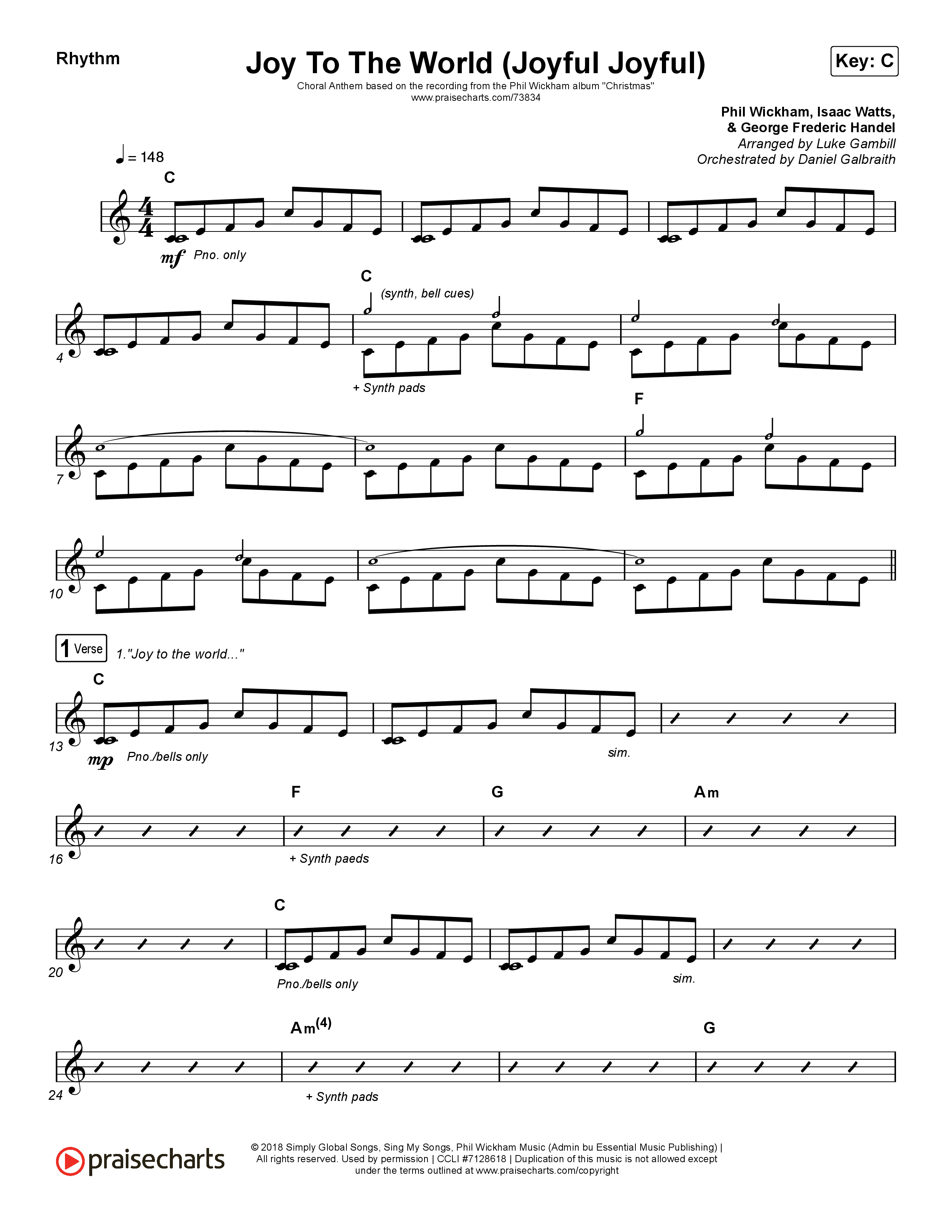 Joy To The World (Joyful Joyful) (Choral Anthem SATB) Rhythm Chart (Phil Wickham / Arr. Luke Gambill)