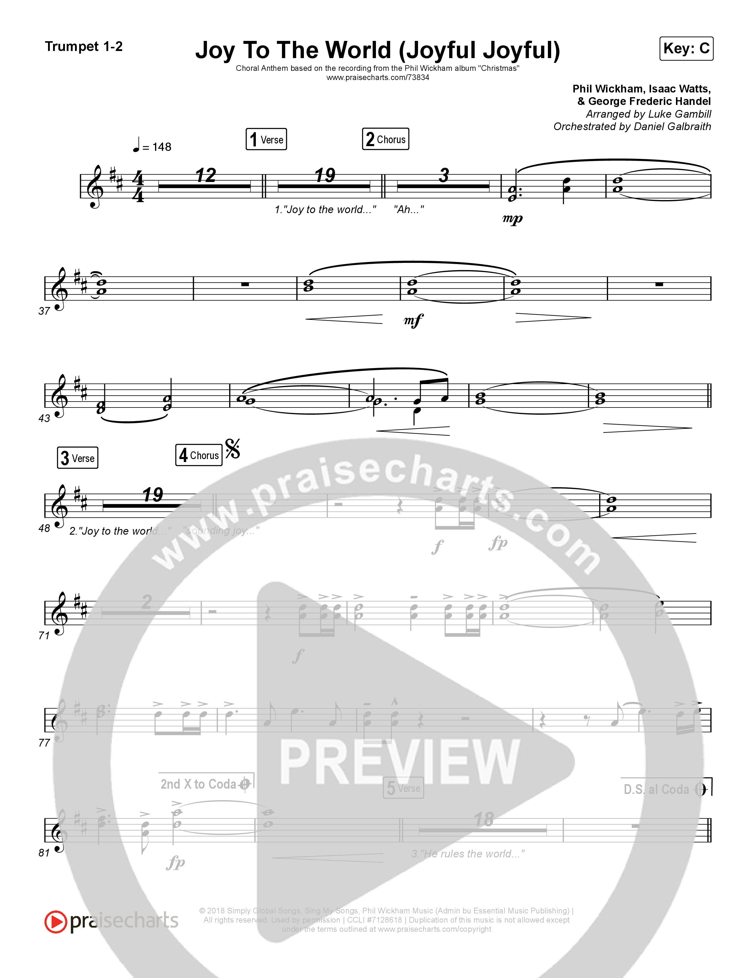 Joy To The World (Joyful Joyful) (Choral Anthem SATB) Trumpet 1,2 (Phil Wickham / Arr. Luke Gambill)