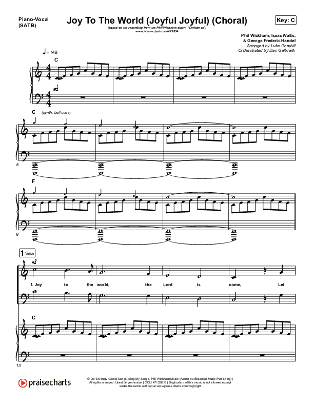 Joy To The World (Joyful Joyful) (Choral Anthem SATB) Piano/Vocal Pack (Phil Wickham / Arr. Luke Gambill)