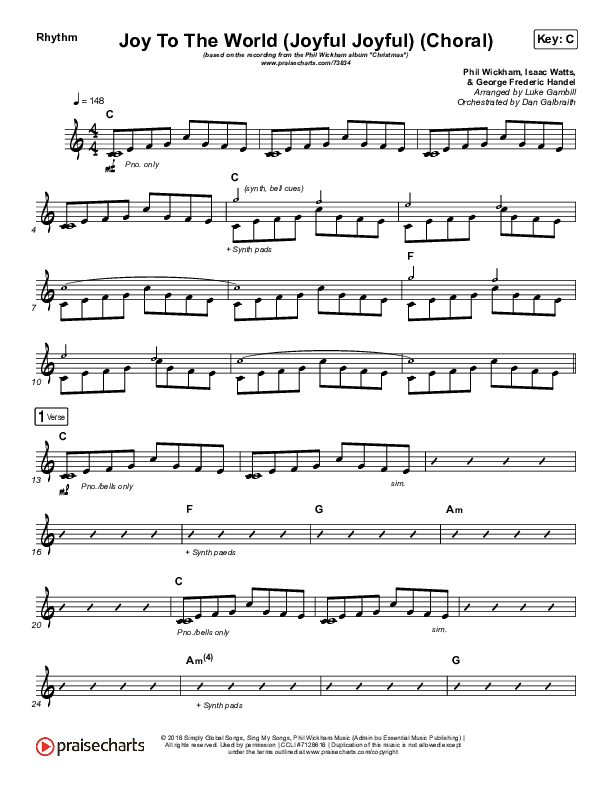 Joy To The World (Joyful Joyful) (Choral Anthem SATB) Rhythm Chart (Phil Wickham / Arr. Luke Gambill)