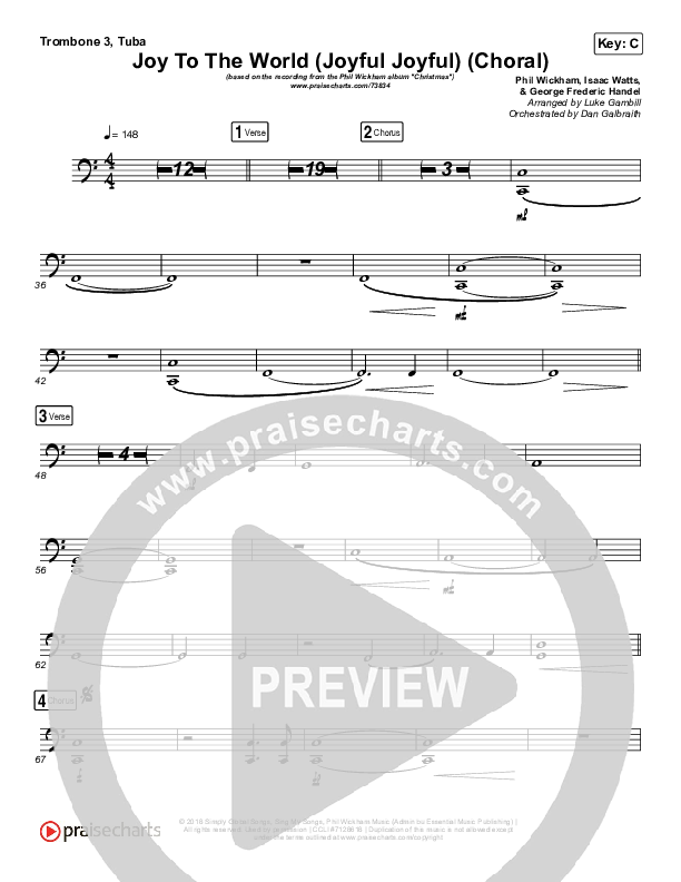 Joy To The World (Joyful Joyful) (Choral Anthem SATB) Trombone 3/Tuba (Phil Wickham / Arr. Luke Gambill)