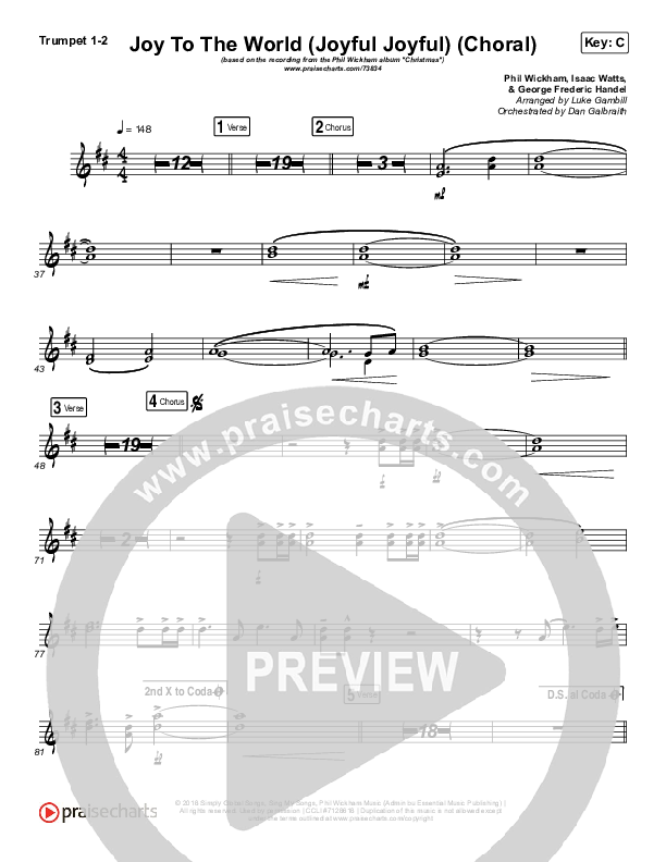 Joy To The World (Joyful Joyful) (Choral Anthem SATB) Trumpet 1,2 (Phil Wickham / Arr. Luke Gambill)