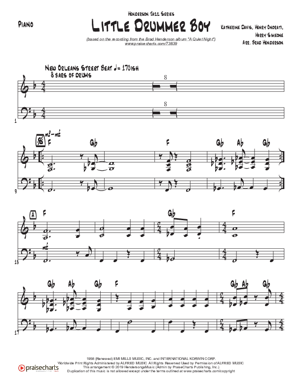 Little Drummer Boy (Instrumental) Piano Sheet (Brad Henderson)